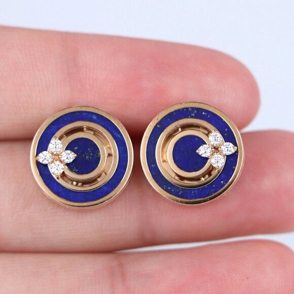 25783 Roberto Coin Love In Verona 18K Rose Gold Diamond Lapis Circle Earrings - Picture 4 of 5